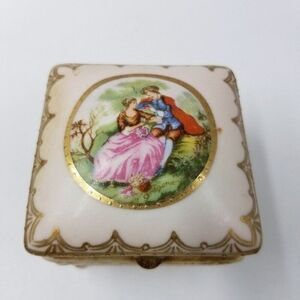 Antique Porcelain Jewelry Dish Hand Painted Victorian Young Lovers Footed